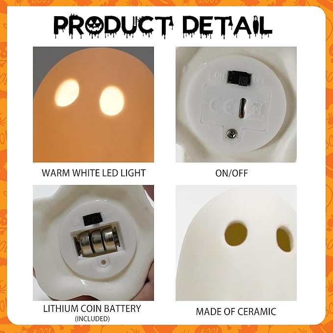 NEROSUN 3 Pack Cute Ghost Light Up Halloween Decor, LED White Ceramic Spooky Flameless Lanterns Decorative Light Fall Halloween Party Decoration for Home Bedroom Room Table Shelf