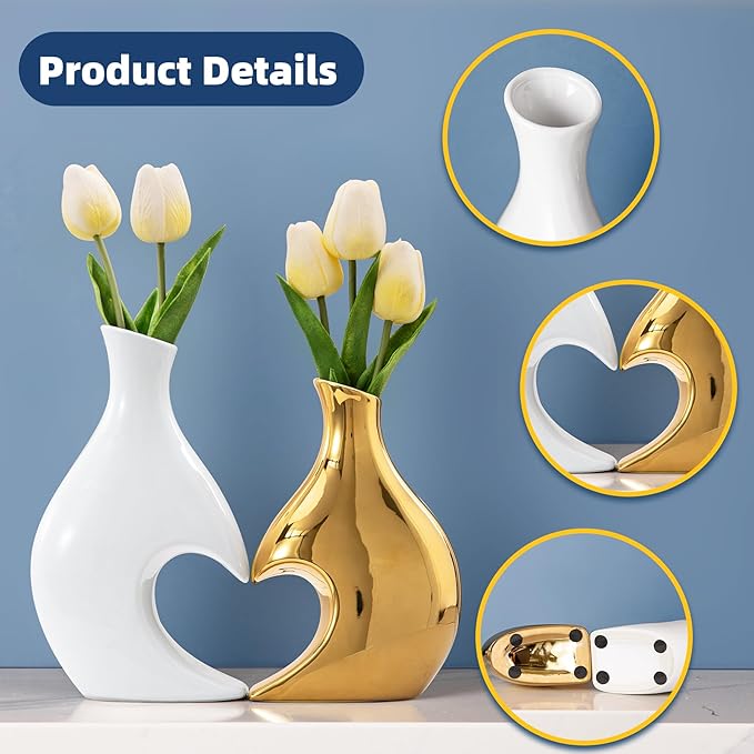 White and Gold Vases Set of 2, Modern Vases Home Decor, Gold Ceramic Decor Heart Shaped Vase, Pretty vases for Flowers, Decorative vase Table Centerpieces