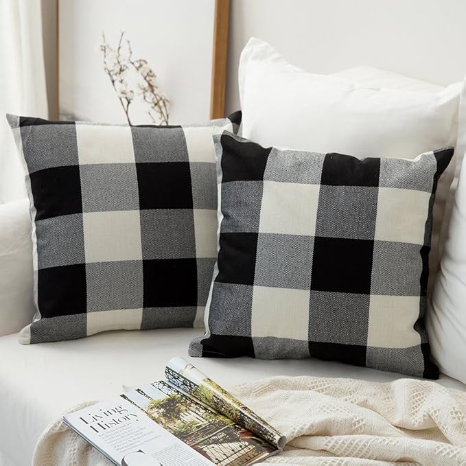 MIULEE Halloween Pack of 2 Farmhouse Buffalo Check Plaids Linen Throw Pillow Covers Soft Soild Decorative Home Decor Outdoor Cushion Case for Sofa Bedroom 18 x 18 Inch, Black and White