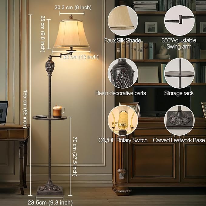 Traditional LED Floor Lamp with 350° Adjustable Swing Arm Lamp – Vintage Standing Pole lamp for Living Room, Bedroom and Office – Rustic Upright Floor Light for Home Décor with Silk Fabric Shade