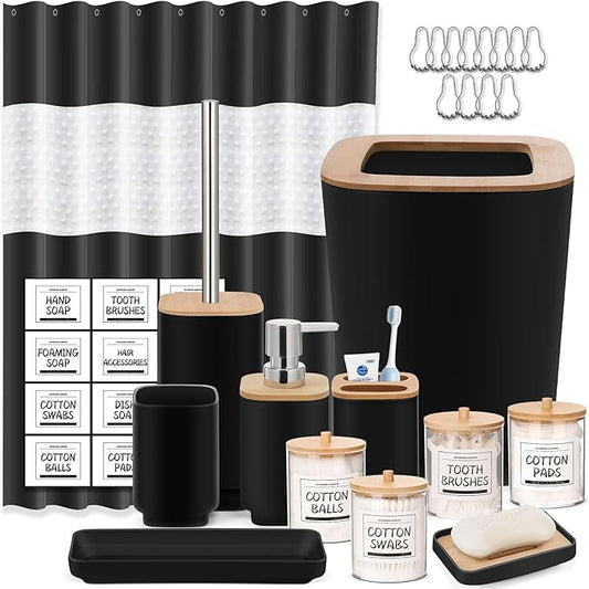 Bathroom Accessories Set,Black Bathroom Set,24 Pieces Bathroom Accessory Set with Shower Curtain,Trash Can for Bathroom Accessories Décor and Home Gifts