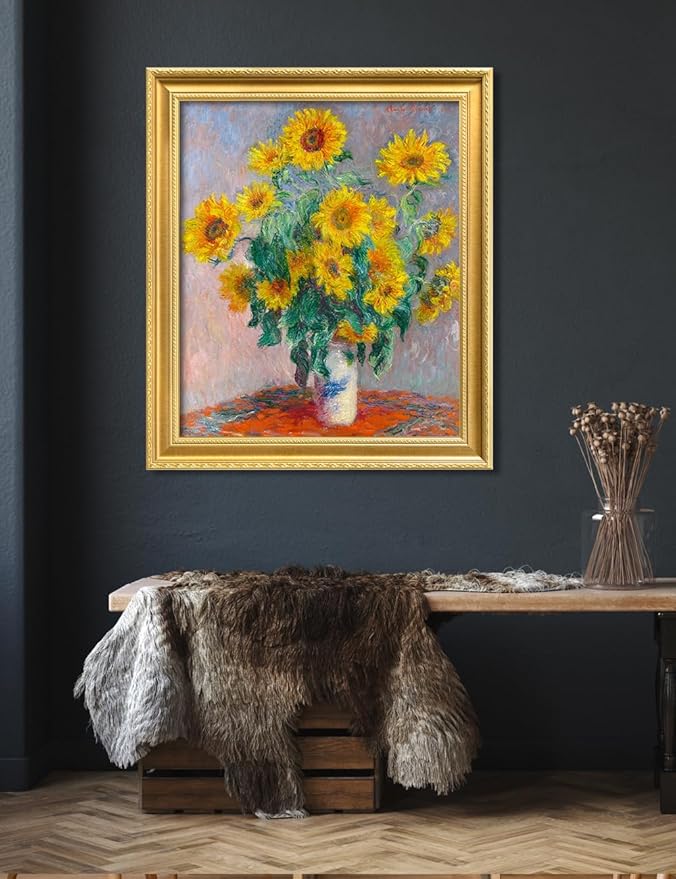 DECORARTS - Claude Monet Sunflowers Giclee Print with Gold Solid Wood Frame, Impressionist Large Framed Wall Art, Ready to Hang, Framed Size 24.75x28.75, Made in USA