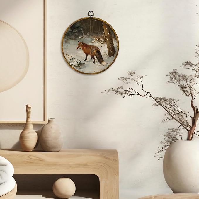 CUANFDDSF Vintage Winter Fox Round Wall Art Decor, Rustic Nature Snowy Forest Fox Wall Hanging Frame Decor, Cozy Winter Farmhouse Wild Animal Canvas Prints Decorations for Home Bedroom, 10x10 Inch