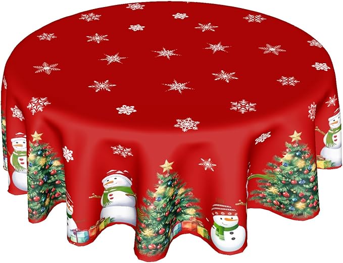 Merry Christmas Tablecloth Round 60 Inch Winter Snowman Table Cloth Red Snowflake Print Christmas Table Cover Winter Holiday Tablecloths Seasonal for Home Kitchen Dining Party Indoor Outdoor Decor
