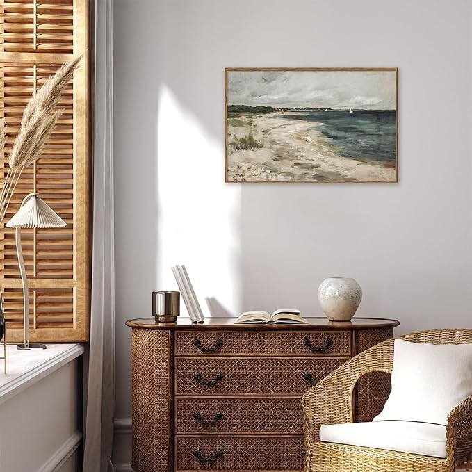 KBKBART Vintage Wall Art, Retro Coastal Seaside Beach House Framed Canvas Art Prints Painting Farmhouse Decor, Rustic Impressionism Scenic Landscape Wall Decor for Bathroom, Bedroom Living Room,