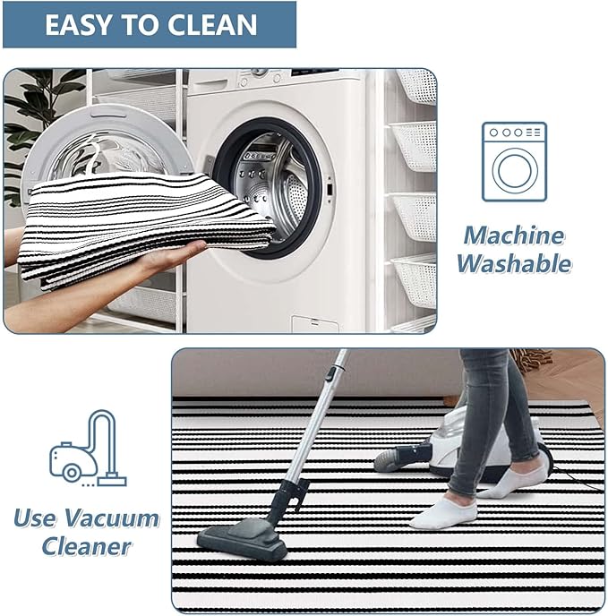 OJIA Outdoor Area Rug 4'x6', Black and White Outdoor Rug Machine Washable Patio Rugs Cotton Hand Woven Door Mats Indoor Outdoor Striped Rugs for Front Porch/Deck/Backyard/Living Room