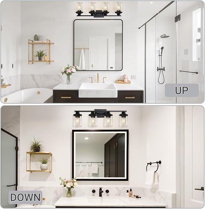 LOUSACE 4 Light Bathroom Vanity Light, Matte Black Bathroom Light Fixtures, Modern Bathroom Lights Over Mirror with Clear Glass Shade, Wall Sconce Lighting for Bedroom Living Room
