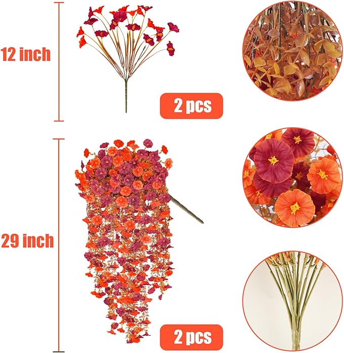 2 Pcs Artificial Hanging Flowers for Outdoor Fall Decoration, 2 Pcs Fake Morning Glory Flowers UV Resistant Faux Fall Petunias for Home Front Door Patio Decor (Dark Red Orange)