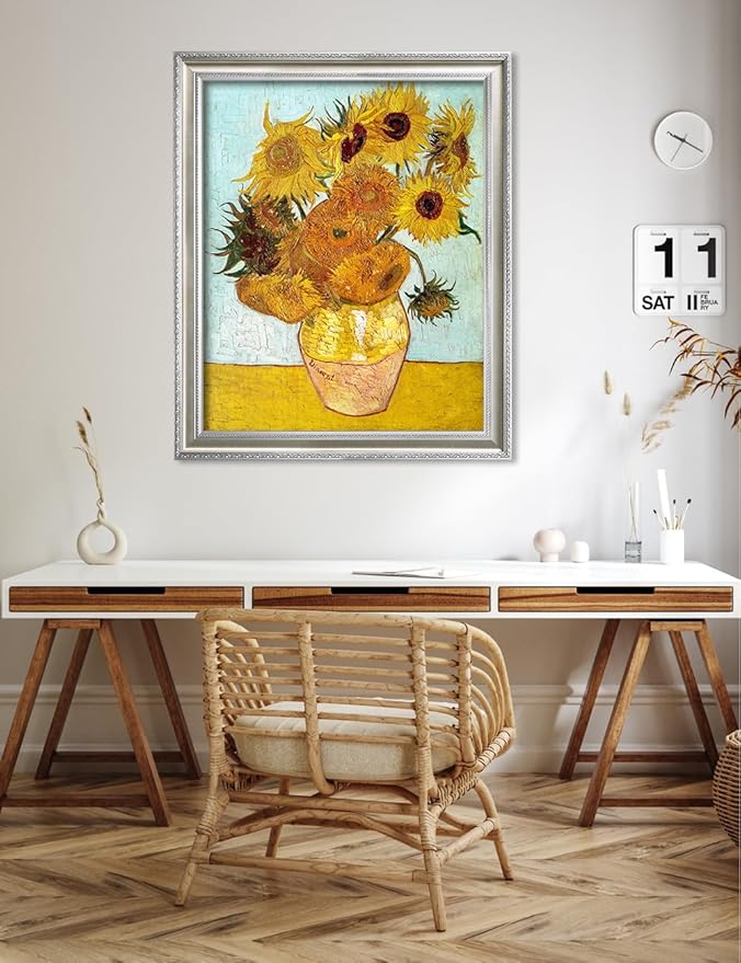 DECORARTS - Twelve Sunflowers by Vincent van Gogh, Museum-Quality Giclee Canvas Print with Silver Solid Wood Frame, 34.75 x 28.75 in, Ready to Hang, Made in USA