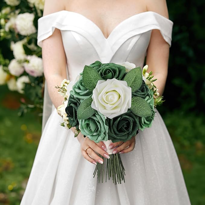 AmyHomie 25pcs Real Looking Artificial Shades of Forest Roses w/Stem for DIY Wedding Bouquets Centerpieces Arrangements Party Baby Shower Home Decorations