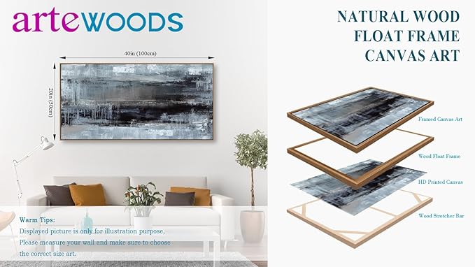 arteWOODS Abstract Framed Wall Art - Deep Blue Black Canvas Pictures Wall Decor Rustic Minimalist Vintage Painting Artwork Elegant Stylish Prints for Living Room Bedroom 40 x 20in Natural Wood Frame