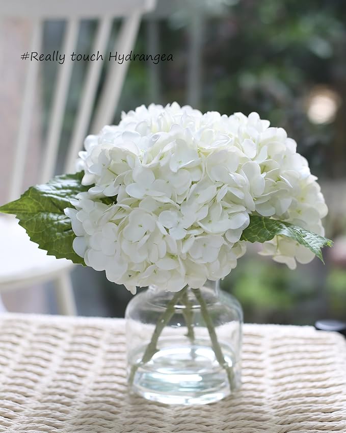 Real Touch Artificial White Hydrangea in Vase for Home Decoration, Fake Centerpieces for Tables, Lifelike Flowers for Bathroom, Office and Water Bar