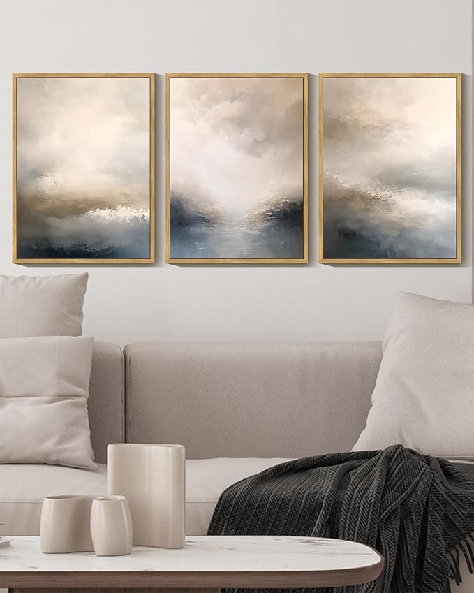 KUVIOKE Boho Abstract Wall Art Framed Minimalist Beige Gray Prints Watercolor Neutral Rustic Artwork Hallway Bedroom Living Room Decor 12x16in (Natural Framed)