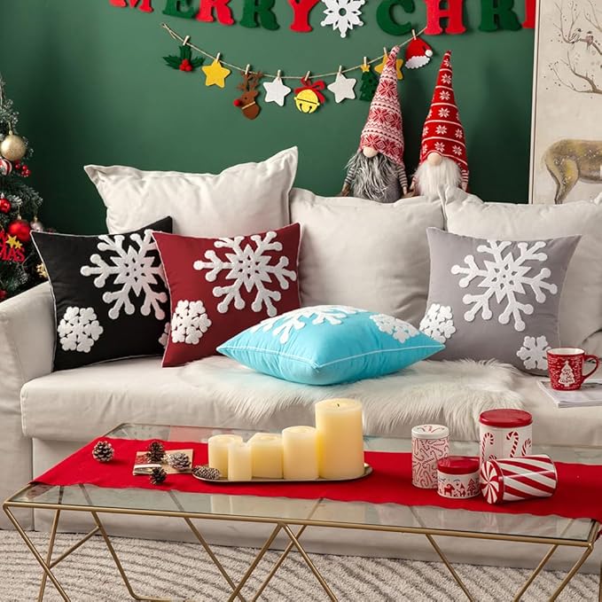 MIULEE Pack of 2 Christmas Decorative Snowflake Throw Pillow Covers Canvas Embroidery Winter Cushion Cases Holiday Decor Soft Pillowcases for Winter Couch Sofa Bedroom Car（Burgundy, 20x20in）