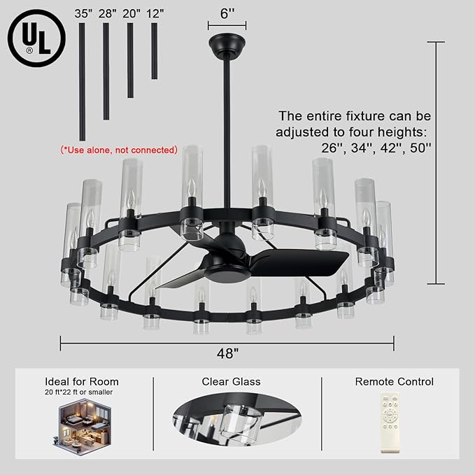 Black Ceiling Fans with 16 Lights Wagon Wheel Chandelier, 48 Inch Modern Farmhouse Fandelier, Quiet 6-Speed Reversible DC Motor, 1/2/4H Remote Timing for Living Room/Bedroom/Kitchen