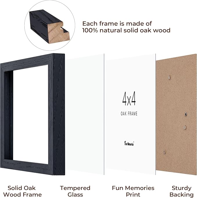 4x4 Black Picture Frames Set of 4, 4"x4" Solid Oak Wood Frame with Real Glass, 4 x 4 Photo Frames with Stand, 4x4 Wood Frames for Wall, Rustic 4 by 4 Picture Frame