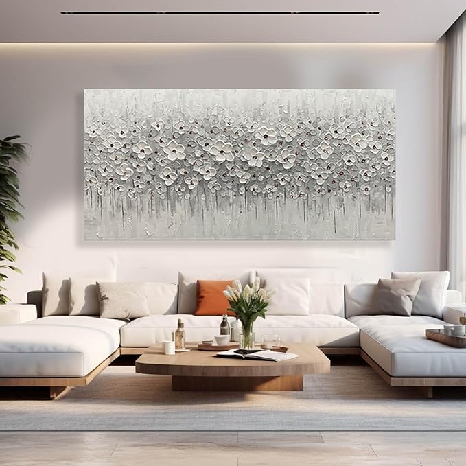 Large Canvas Wall Art for Living Room White Flowers Picture Hand-Painted Oil Painting Framed Artwork Modern Gallery Plant Decor Wall Decorations for Bedroom Bathroom Size 60x30 inch Ready to Hang