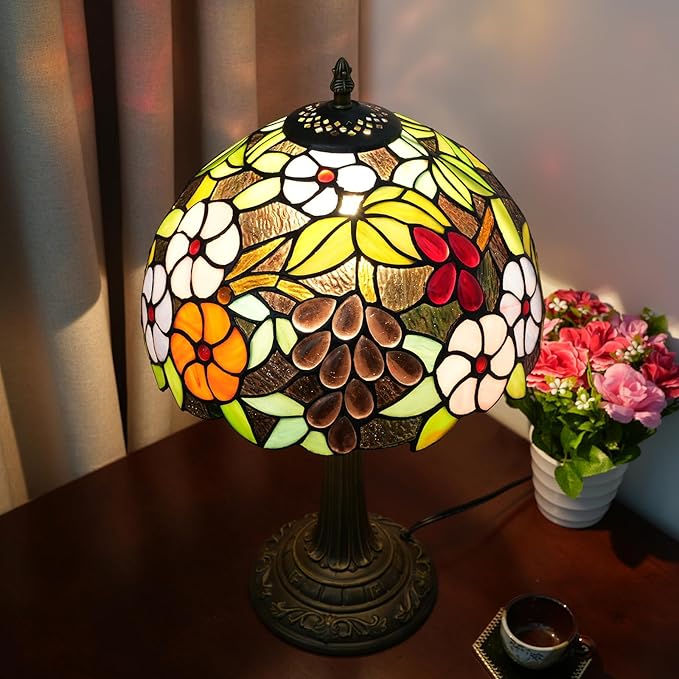 Tiffany Style Stained Glass Table Lamp 12-Inch Purple Grape Flower Reading Bedside Lamp Suitable for Study Living Room Bedroom Coffee Shop Retro Table Lamp Home Decoration Art