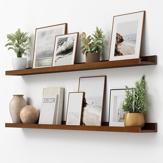 Picture Ledge Shelf, Floating Shelves Set of 2, Solid Pine Wood 55'' Long Large Nursery Book Shelves for Toys Storage, Kids Bookshelf for Living Room Bedroom Decor Books Photo Frames, Walnut