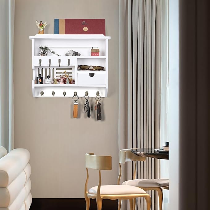 Key Holder for Wall, Mail Organizer Wall Mount with Storage Drawer and 10 Hooks, Easy Installation Key Holder Wall Mount for Home Decor, White