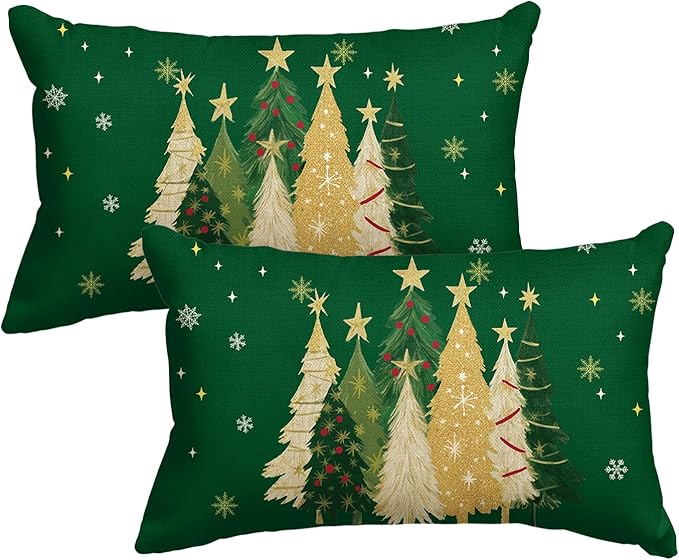 AVOIN colorlife Christmas Trees Star Green Throw Pillow Covers Set of 2, 12 x 20 Inch Snowflake Seasonal Winter Holiday Cushion Case Decoration for Sofa Couch