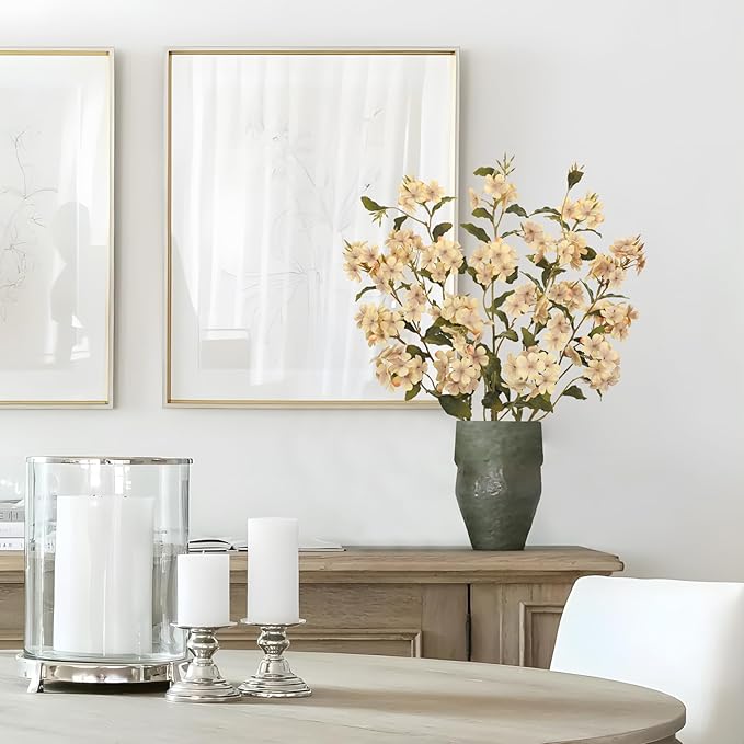 Briful Fall Artificial Hydrangea Flower Stems, 33.5" Silk Blossom Sprays with Bendable Stems, Set of 3 Faux Floral Branches for Tall Vase Arrangements, Cream White