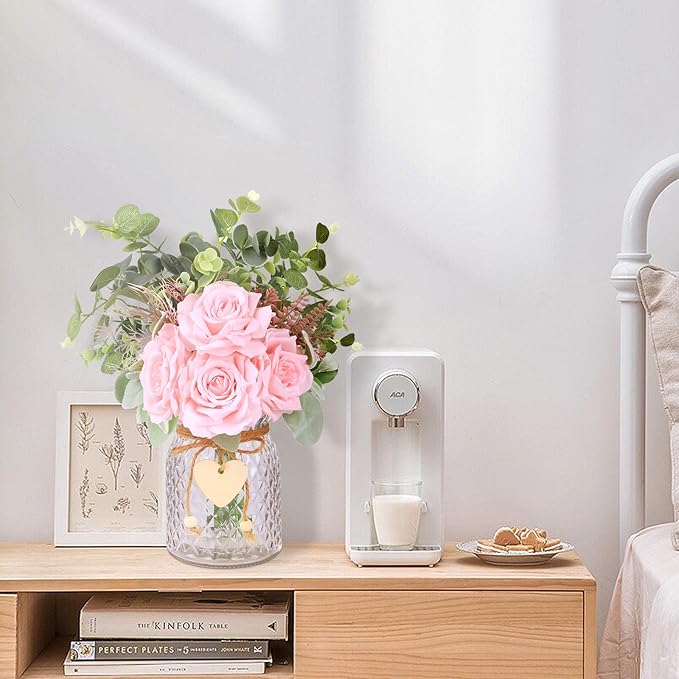 HOHOTIME Artificial Flowers in Vase, Faux Silk Pink Roses Table Centerpiece Decoration, Fake Flowers for Home Bedroom Study Room Decor with Glass Vase