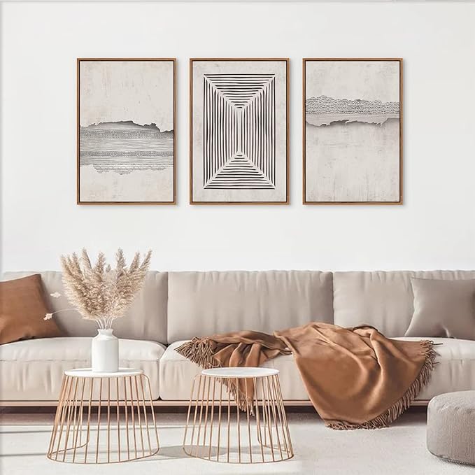 CHDITB Modern Abstract Canvas Art Prints, Set of 3 Neutral Framed Wall Art, Geometric Line Textured Minimalist Decor for Living Room - Large Size 24"x36"