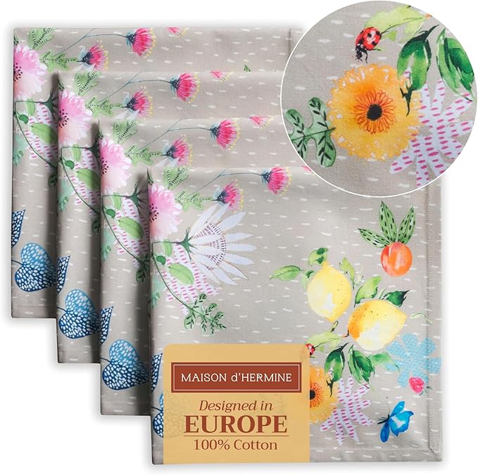 Maison d' Hermine Cloth Napkins Set of 4 100% Cotton Everyday Reusable Square Napkins Cloth Washable, Dinner, Party, Wedding, Restaurant, Spring/Summer (Jardin D'Ete - Fog, 20" x 20")
