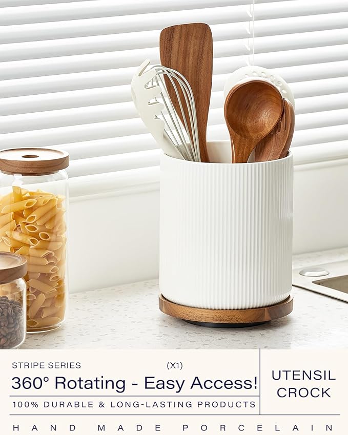 getstar 360° Rotating Large Kitchen Utensil Holder, Ceramic Cooking Utensil Holder for Kitchen Counter with Rotatable and Detachable Wooden Base (White)