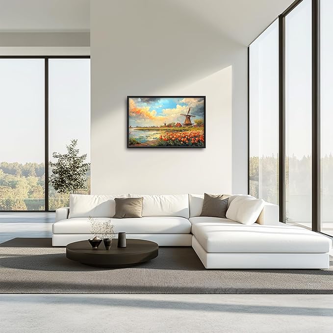 Landscape Framed Wall Art for Living Room, Large Tulips Canvas Wall Decor, Vintage Florals Pictures Painting, Farmhouse Artwork for Bathroom Bedroom 36L'' × 24W''