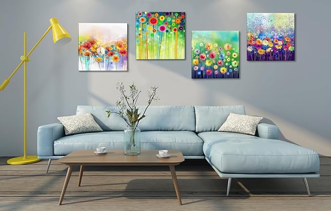 Flowers Bathroom Decor Canvas Wall Art, Colorful Floral Artwork Painting Prints Modern Pictures Framed for Bedroom Office Living Room Decorations - 12"x12"x4 panel