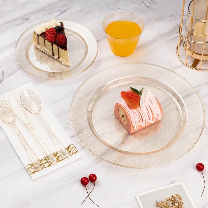 Goodluck 350 Piece Dinnerware Set for 50 Guests, Plastic Plates Disposable for Party, Include: 100 Gold Glitter Plastic Plates, 50 Paper Napkins, 50 Cups, 50 Gold Glitter Plastic Silverware Set
