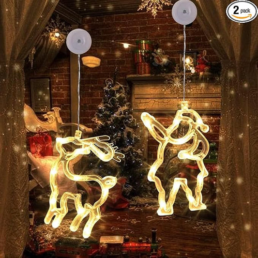 Christmas Decorations, Christmas Window Lights, Christmas Lights with Suction Cup, Christmas Window Decorations Battery Operated, Christmas Gifts for Women Kids Men (Santa & Reindeer Indoor LED 2 Pcs)