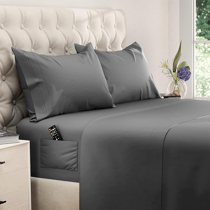 DREAMCARE Twin XL Sheet Set - Cooling Bed Sheets - 4pc Set - Deep Pocket - Soft & Long Lasting 100% Polyester with Side Pocket - Dark Gray