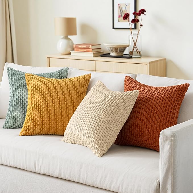 MIULEE Fall Throw Pillow Covers Soft Couch Decorative Set of 4 Boho Striped Cushion Covers Corduroy Pillowcases Farmhouse Accent Home Decor for Couch Bed Sofa Living Room 18x18 Inch Teal-Rust