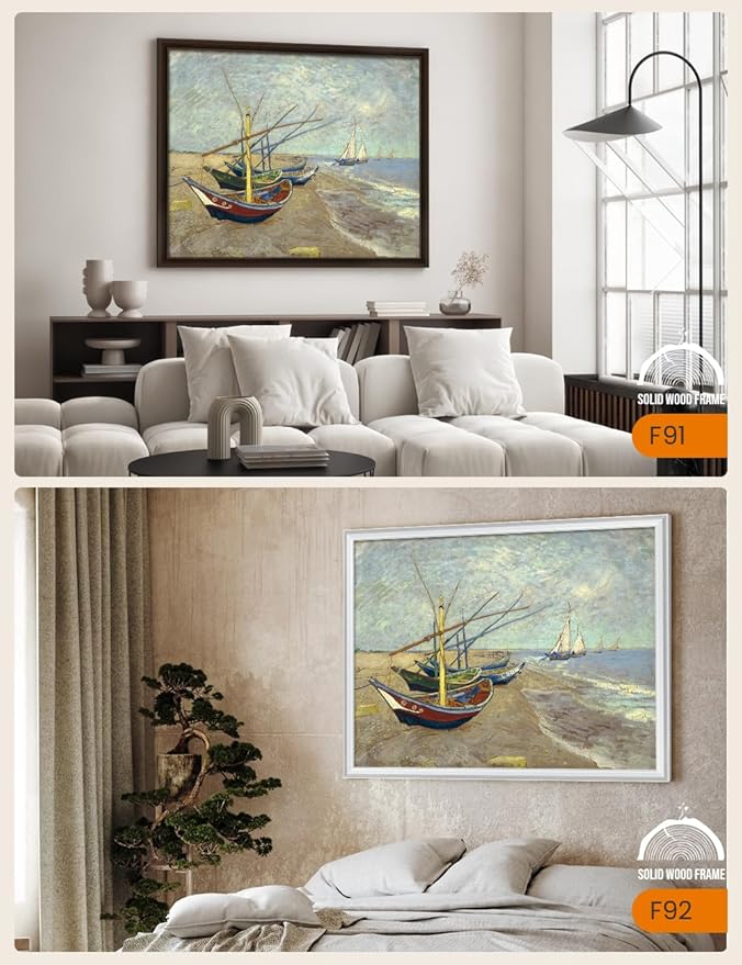 DECORARTS - Boats At Saintes Maire by Vincent Van Gogh Art Reproduction. Oversize Solid Wooden Frame Matching with Giclee Prints Canvas Wall Art. Total framed size: 43x35