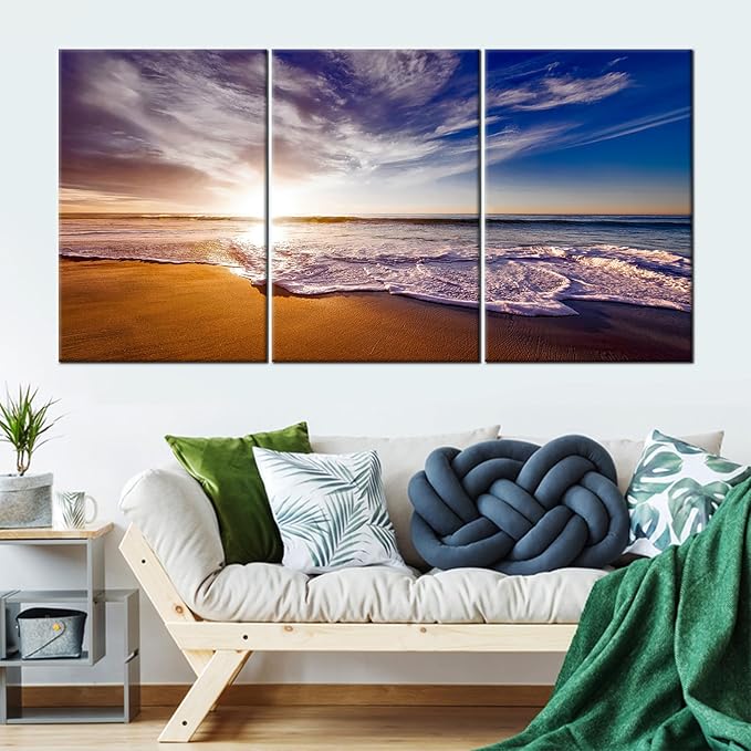 Beach Sunset Wall Decor Large Poster Wall ArtNatural Landscape Sea Waves Print on Canvas HD Picture Painting Artwork for Modern Home Living Room Gym Office Stretched and Framed [72''W x 36''H]