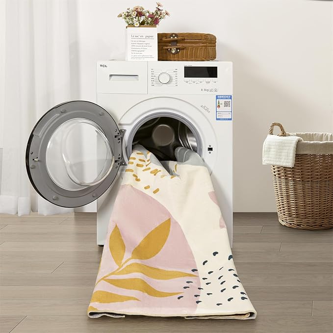 RoomTalks Cute Pink Nuresry Rug Washable, Boho Modern Contemporary Aesthetic 5x7 Area Rugs for Bedroom Dining Living Room Dorm, Abstract Art Tropical Leaves Thin Indoor Entryway Rug Carpet