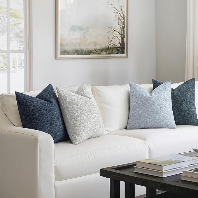MIULEE Pack of 4 Decorative Textured Boucle Throw Pillow Covers 18x18 Inch Neutral Blue Accent Solid Pillow Cases Couch Cushion Covers for Modern Farmhouse Boho Chair Sofa Bed Livingroom Home Decor