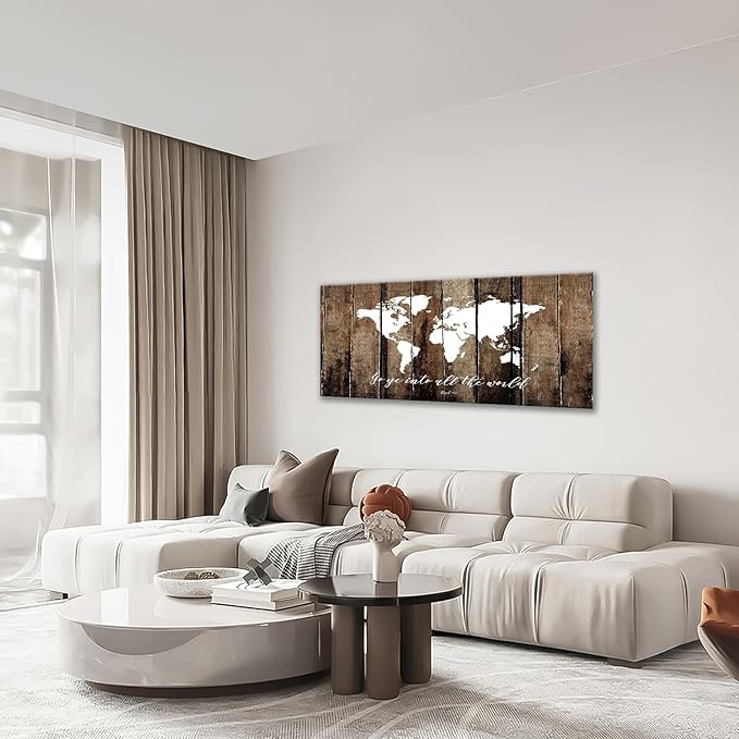 Large World Map Wall Art Rustic World Map Pictures Wall Decor Go Ye Into All The World And Preach The Gospel Canvas Painting Print Home Artwork Framed for Living Room Bathroom Master Bedroom 60"x30"