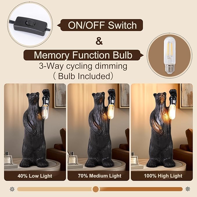 Scenekoy Bear Table Lamp for Living Room Bedroom, Memory Function, 3 Way Cycling Dimming, Resin Gothic Style Bedside Nightstand Lamps, Rustic Night Light Home Room Decor (Bulb Included)