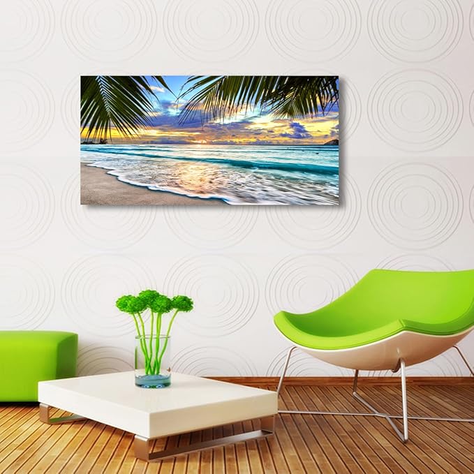 Beach Pictures Canvas Wall Art for Living room Bedroom Wall Decor,Sunset and Beautiful clouds Wall Art Print Paitnings for home Decor,Morden Artwork Waves Canvas Art Waterproof Stretched Ready to