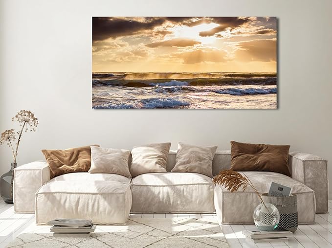 Sunset Ocean Canvas Wall Art - Ocean Waves Wall Decor Glow Sea Scene Picture Painting Nature Landscape Prints Sunset Over the Ocean Painting Artwork Living Room Bedroom Office Home 29" x 58"