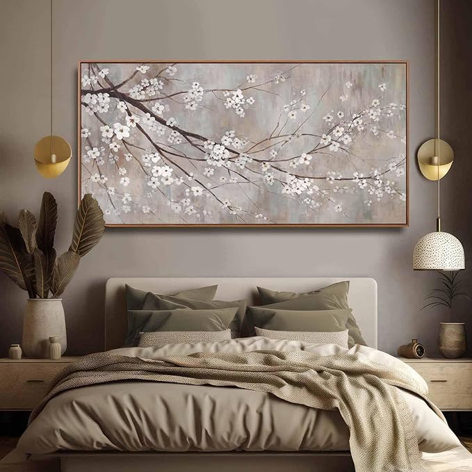 XIANSHOU White Floral Wall Art Plant Canvas Wall Pictures Brown Wall Decor 36"x70" Bedroom Artwork for Wall Over Bed Decoration for Living Room