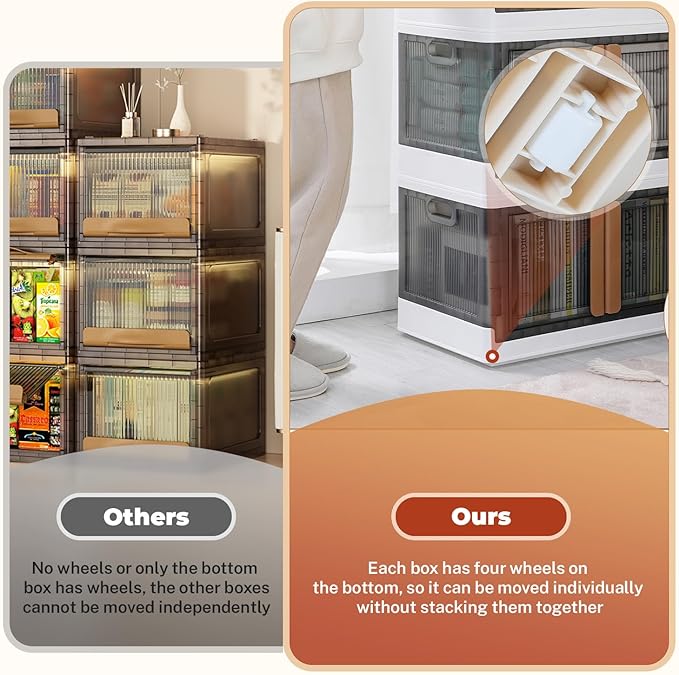 GCCSJ 33.6Qt Stackable Plastic Storage Boxes with Lids, Foldable Closet Organizers and Storage Containers with Wheels, Collapsible Storage Bins for Home Organization, 3 Pack Grey White