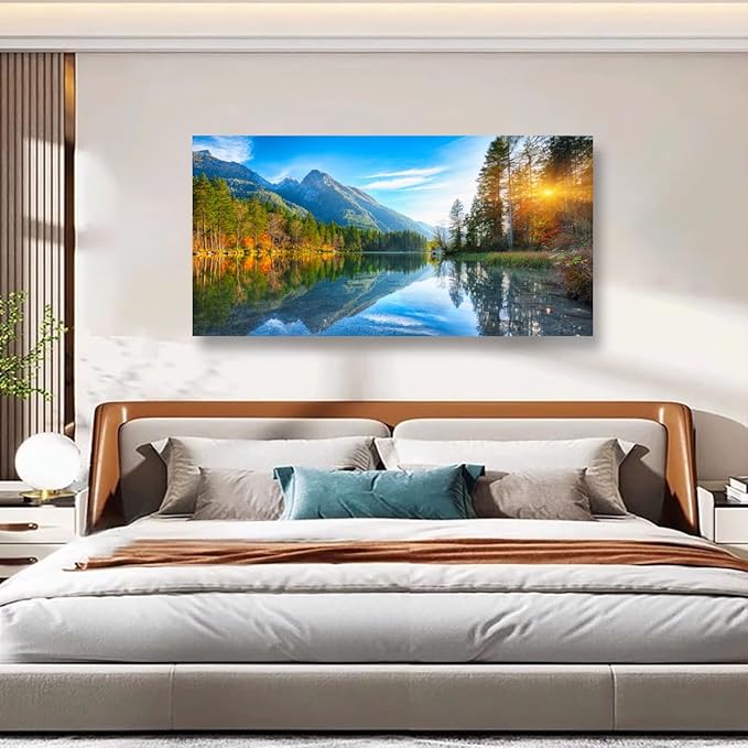 Landscape Canvas Wall Art for Living room Office Bedroom Sunshine Forest Scenery Wall Art Mountain Lake Pictures Art Print Paintings Modern Green Nature Wall Decor Artwork Waterproof -20 * 40inch