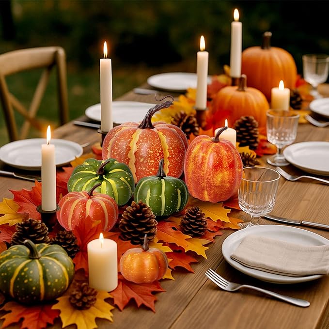 DomeStar 38PCS Fake Pumpkin Set, 8PCS Pumpkins for Decorating with 30PCS Maple Leaves Fall Harvest Decorations for Home, Thanksgiving Table Centerpieces and Halloween Decor