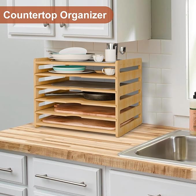 Wooden Cabinet Tray Dividers,Kitchen Vertical Tray Divider Organizer for Storing Baking Sheets, Pans, Lids, Cutting Boards, and Trays – 5-Compartment Adjustable Design for Clutter-Free Cabinet Storage