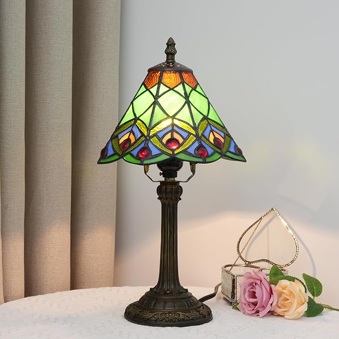 8 Inch Tiffany Style Stained Glass Table Lamp, Peacock Feather Pattern Retro Style Design, Suitable for Bedroom Bedside Lamp Office Study and Other Home Art Decoration (Green)